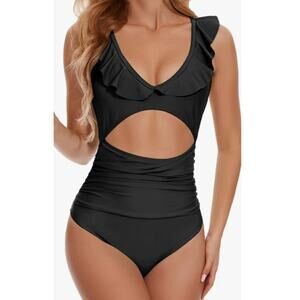 Womens One Piece Swimsuit V-Neck Neck Ruffle Tie Back Monokini Large